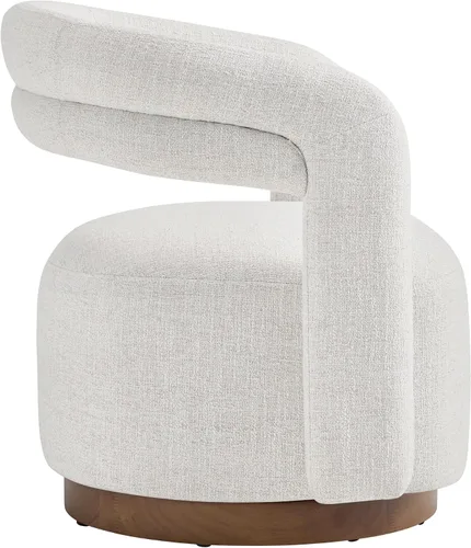 Vista 6 de Silla giratoria decorativa, silla de barril tapizada con diseño de respaldo abierto, silla moderna con base de madera para sala de estar Crema