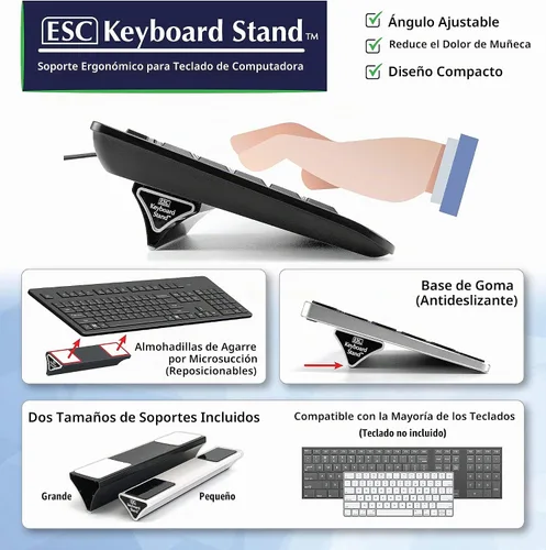 Vista 2 de ESC - Soporte para teclado de computadora y portátil, ángulos ergonómicos variables e inclinación, dos tamaños de soportes incluidos, compatible
