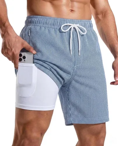 Vista 12 de Bañador para hombre con forro de compresión de 7 pulgadas B-rayas azul-blancas