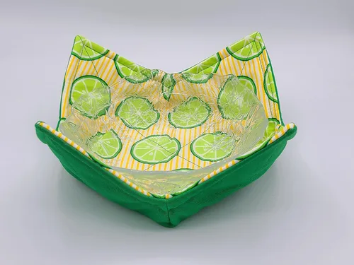 Vista 5 de Cuenco reversible para microondas con diseño de rayas de lima, color amarillo, verde, brillante, ropa de cocina tropical, hecha a mano, inauguración