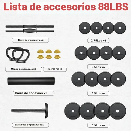 Vista 7 de FEIERDUN Juego de mancuernas ajustables, juego de pesas libres de 48/68/88 libras con 4 modos, se utiliza como barra, pesas rusas, soporte