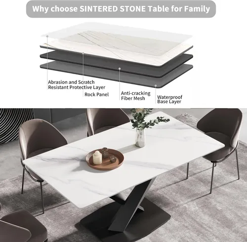 Vista 4 de Juego de mesa de comedor de mármol sintético, mesa de comedor rectangular de 63 pulgadas con mesa de piedra sinterizada y base de acero al carbono