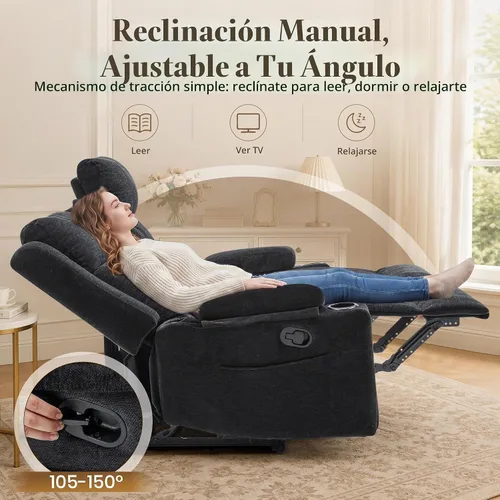 Vista 3 de GUEAPY Sofá reclinable manual grande de 3 plazas – Sofá reclinable de chenilla con portavasos, asiento ancho, fácil montaje y tela resistente a Negro