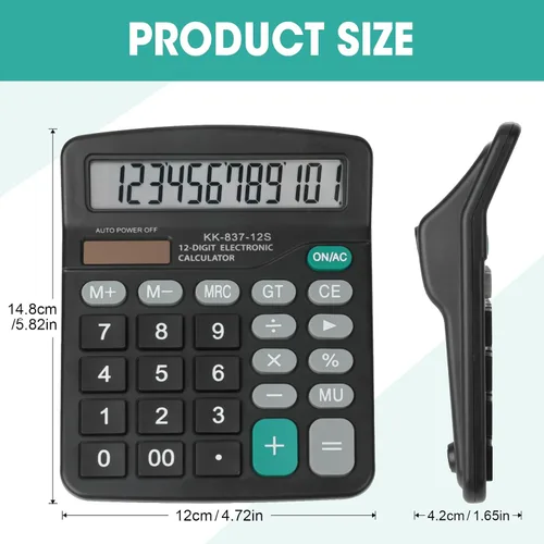Vista 5 de Paquete de 5 calculadoras a granel, calculadoras de escritorio de 12 dígitos con pantalla LCD grande y botón sensible, energía dual solar y batería