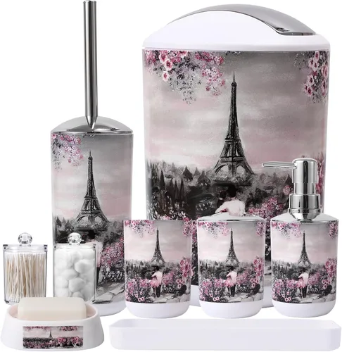 Vista 15 de Juego de accesorios de baño con cortina de ducha y tapete de baño rosado de París