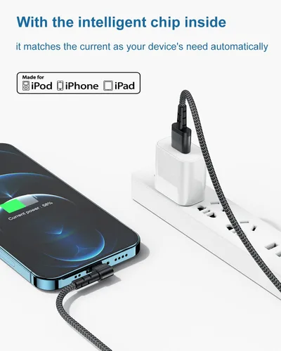 Vista 5 de Paquete de 3 cargadores de iPhone de 90 grados de 6 pies, cable de carga de nailon en ángulo recto de 6 pies para Apple iPhone, certificado MFi
