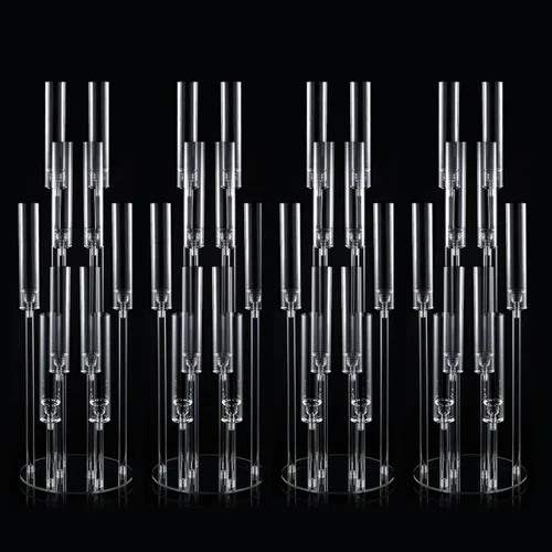 Vista 17 de Portavelas transparentes de 8 brazos para decoración de boda, candelabro alto de acrílico con pantalla para eventos del día de San Valentín, fiesta
