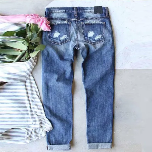Vista 4 de Pantalones de mezclilla rasgados para mujer, con parches a cuadros, desgastados, deshilachados, elásticos, de tiro alto, ajustados, con agujero