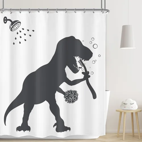 Vista 17 de LGhtyro Juego de Cortina de Ducha Divertida de Dinosaurio para Baño Pequeño 36Wx71H Pulgadas Dibujos Animados Niños Silueta de Dino Sombra de Animal