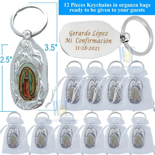 Vista 2 de Llavero personalizado para primera comunión (12 piezas) grabado con texto en inglés "Our Lady of Guadalupe Bautismo", recuerdo para primera