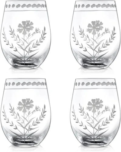 Vista 8 de Joeyan Vasos de Vidrio para Beber Grabados Soplados a Mano, Vasos de Agua de Vidrio Transparente con Patrón Floral, Juego de Cristalería Tumbler
