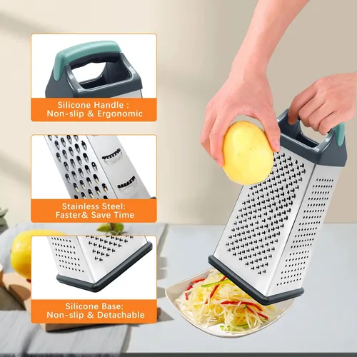 Vista 4 de Rallador de caja para cocina de 4 caras - Ralladores de queso de mano, trituradora de acero inoxidable para alimentos, verduras, zanahoria, patata