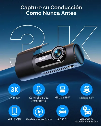 Vista 2 de KAWA Dash Cam 2K, cámara WiFi para tablero de automóviles 1440P con control de voz manos libres, visión nocturna, mini cámara frontal oculta