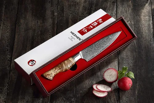 Vista 7 de HEZHEN Cuchillo utilitario de 5 pulgadas con filo de navaja - Acero de Damasco con patrón de rosa multifuncional VG10 cuchillo profesional