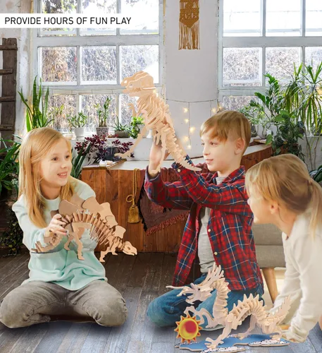 Vista 4 de Puzzled Rompecabezas 3D Estegosaurio Dinosaurio Madera Artesanía Kit de Modelo de Construcción Divertido y Educativo DIY Juguete de Dino de Madera