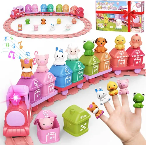 Vista 8 de Juguetes de aprendizaje para niños de 1, 2, 3 años, juego de tren de granja eléctrico para niñas de 2 a 4 años, juguete de tren Montessori