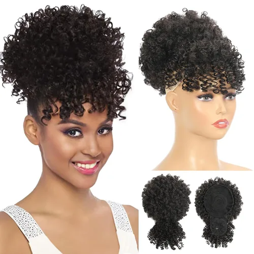 Vista 8 de Extensión de cola de caballo afro rizada Fayasu para mujeres negras, con cordón, cola de caballo con cabello rizado y flequillo, extensión