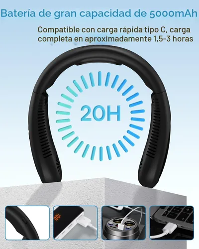 Vista 9 de Aire acondicionado de cuello, ventilador de cuello portátil con placa de Negro