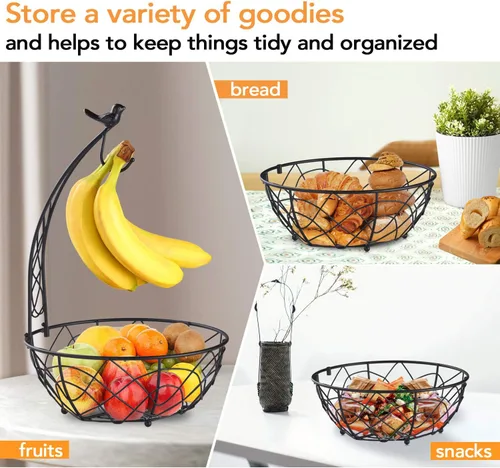 Vista 2 de Buruis Cesta de frutas de metal con soporte para plátano, diseño de pájaros Negro