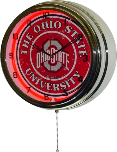 Vista 2 de Ohio State University Logo Sign Reloj de pared con luz neón cromado rojo