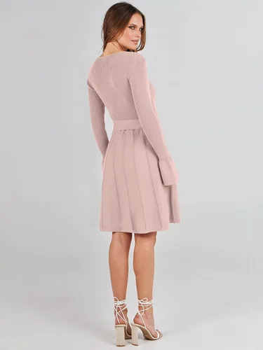 Vista 5 de ANRABESS Vestido tipo suéter de manga larga con cuello en V y lazo en la cintura, plisado, acampanado, elegante, de punto acanalado, vestido midi