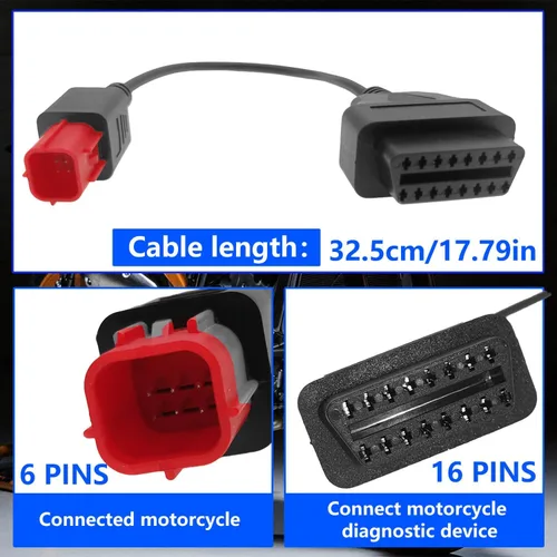 Vista 3 de Cable adaptador OBD2 de 6 pines, compatible con Guzzi Suzuki, Yamaha, Davidson, Piaggio, Vespa, motocicleta, OBD, cable adaptador de escáner