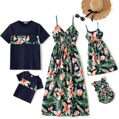 Vista 5 de PATPAT Trajes familiares a juego para mamá y yo vestidos con estampado de hojas, tirantes delgados, casual, sin mangas, trajes a juego