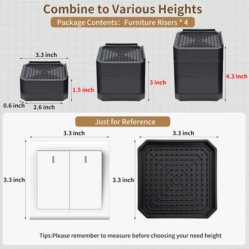 Vista 2 de Paquete de 4 elevadores de cama resistentes, ajustables para cama, sofá, escritorio, sillas, altura de elevación de 1.5 pulgadas, 3 pulgadas o 4.3