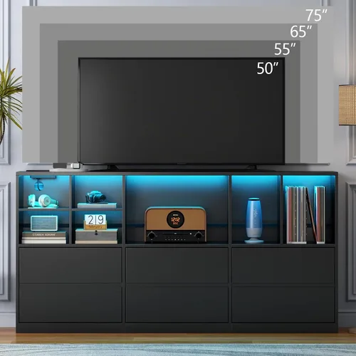 Vista 6 de Gyfimoie Cómoda negra para dormitorio con 6 cajones, cómoda con luces LED y estación de carga, cómoda de 63 pulgadas de largo con 7 cubos abiertos
