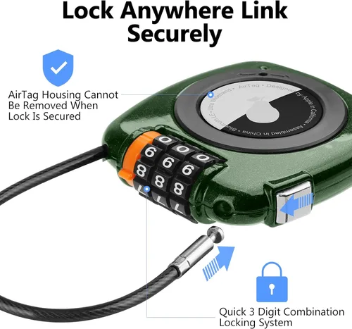 Vista 2 de Compatible con Apple AirTag Secure Lock con cable de alambre, candados de equipaje combinados de 3 dígitos, cuerpo de aleación ultra duradero, funda