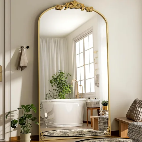 Vista 15 de GLSLAND Espejo Vintage - 72" x 44" Espejo de Cuerpo Completo Grande Tallado Arqueado con Marco de Metal Barroco Espejos de Cuerpo Completo para Negro