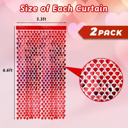 Vista 3 de AIBIIN Paquete de 2 cortinas de flecos de papel de aluminio de corazón rojo de 3.3 x 6.6 pies para el día de San Valentín, cortinas de fondo
