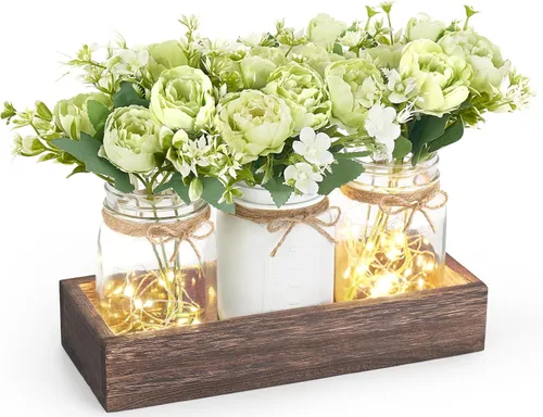 Vista 8 de Mkono Luces de Frasco Mason Centro de Mesa Decoración de Mesa para Comedor Bandeja de Madera Estilo Granja con 3 Frascos Flores Piezas Centrales
