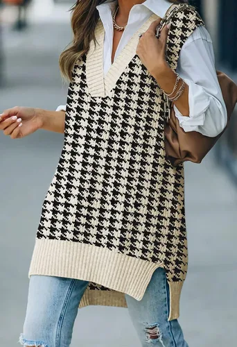 Vista 7 de Kisscynest Suéter de punto de gran tamaño con cuello en V para mujer, casual, holgado, sin mangas, suéter