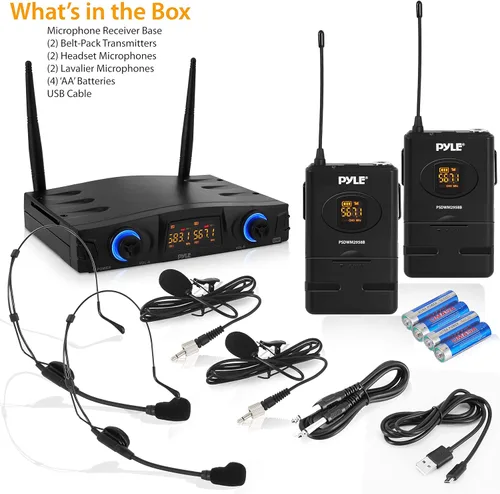 Vista 7 de Pyle Sistema de micrófono inalámbrico UHF compacto Pro portátil de doble canal de escritorio digital con 2 transmisores de cinturón, receptor, 2