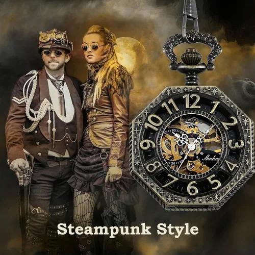 Vista 5 de CHPW02 - Reloj de bolsillo para hombre, reloj de bolsillo mecánico de ferrocarril vintage con cadena, números de bronce, octágono, steampunk