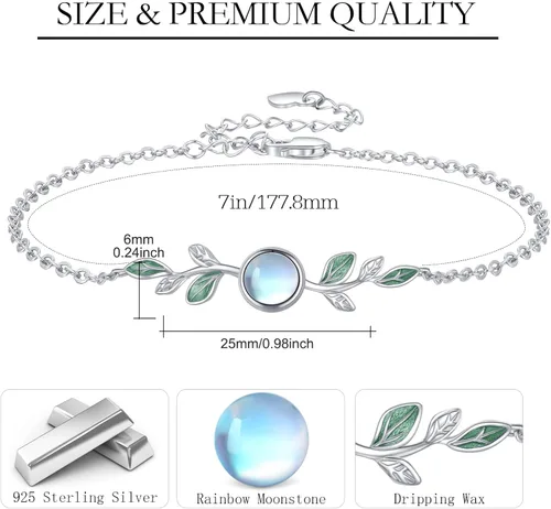 Vista 6 de ConBo Moonstone Leaf Bracelet S925 Sterling Silver Leaf Moonstone Jewelry Gift for Mother Mom Wife Moonstone Bracelet for Women Girls Birthday
