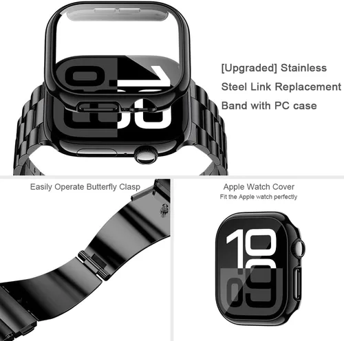 Vista 4 de baozai Compatible con Apple Watch Band de 1.654 pulgadas con funda, correa de acero inoxidable con protector de pantalla de vidrio templado