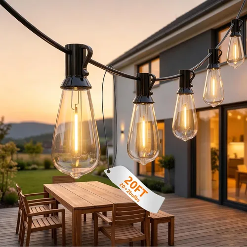 Vista 9 de Oviejo Tira de luces LED para exteriores de 100 pies, impermeable, con 52 bombillas LED ST40, base E17, para cubierta, exterior, patio, casa