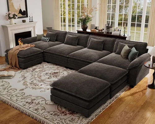 Vista 34 de Sofá modular de gran tamaño de 154 pulgadas, cómodo sofá en forma de U con 3 otomanas móviles, sofá moderno de felpilla de 7 plazas para sala