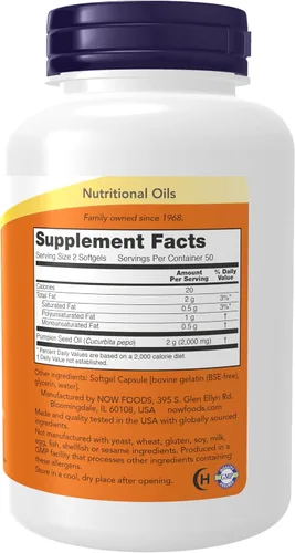 Vista 2 de NOW Suplementos, aceite de semilla de calabaza 1000 mg con ácidos grasos esenciales y fitoesteroles, prensado en frío, 100 cápsulas blandas