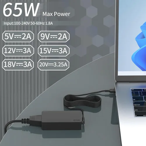 Vista 9 de 65W USB C Type c AC Charger Compatible with Lenovo ThinkPad E580 E585 E590 E590S E595 T480 T490 T580 Yoga C940 C740 thinkbook ADLX65YCC3A Laptop
