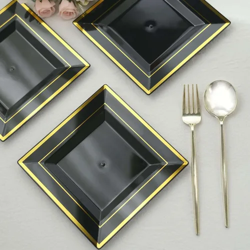 Vista 9 de Efavormart - Platos cuadrados de plástico para postre de ensalada de 7 pulgadas con borde dorado, 10