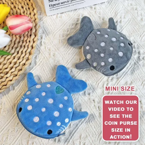 Vista 3 de Monedero de tiburón ballena, bolsa de felpa para niños, bonita cartera Kawaii con llavero con cremallera, pequeño bolso bordado de peces marinos