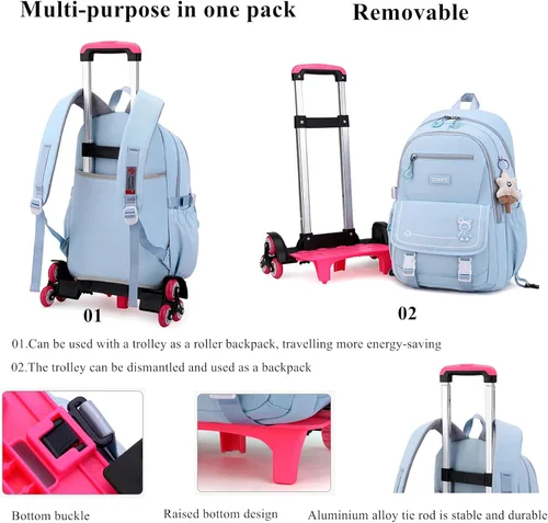 Vista 5 de Mfikaryi Mochila con ruedas para niñas, mochila con ruedas, Púrpura-2 Ruedas