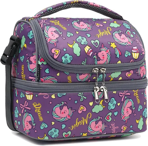 Vista 18 de FlowFly Bolsa de almuerzo aislada de dos pisos para niños, niñas, hombres, mujeres, con correa ajustable, para automóvil