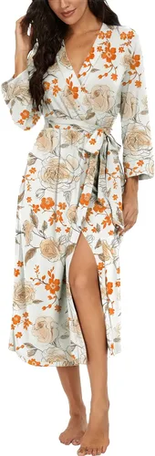 Vista 70 de VINTATRE Bata tipo kimono para mujer, bata larga de punto, ligera, suave, ropa de dormir con cuello en V, casual, ropa de descanso para mujer Verde