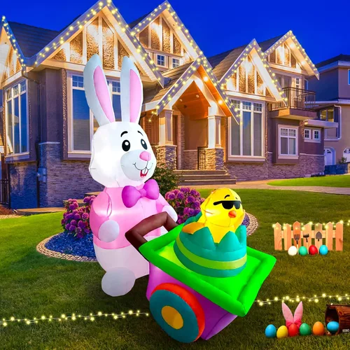 Vista 11 de [Usado] Conejo de 5 pies con una cesta de flores, decoración inflable de Pascua para patio, conejo de Pascua inflable con cesta iluminada