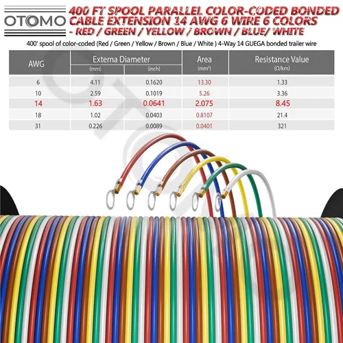 Vista 2 de Cable de extensión suficientemente largo de 400 pies, calibre 14, 6 vías, cable de extensión unido CCA, SAE J1128, arnés de remolque, carretes