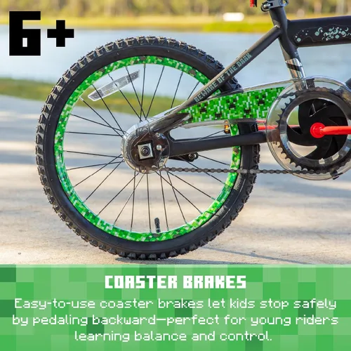 Vista 7 de Minecraft 18-Inch Kids Bike - Unisex Bike with Creeper Graphics, Coaster Brake, Adjustable Seat, Removable Training Wheels, Ages 6-9, 42”-53” Tall